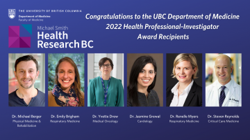 6 Department of Medicine members receive the 2022 Michael Smith Health Research BC Health Professional-Investigator Award